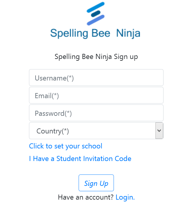 Seplling Bee Ninja Sign up form