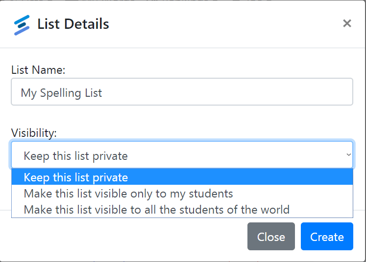 Spelling List Creation Dialog