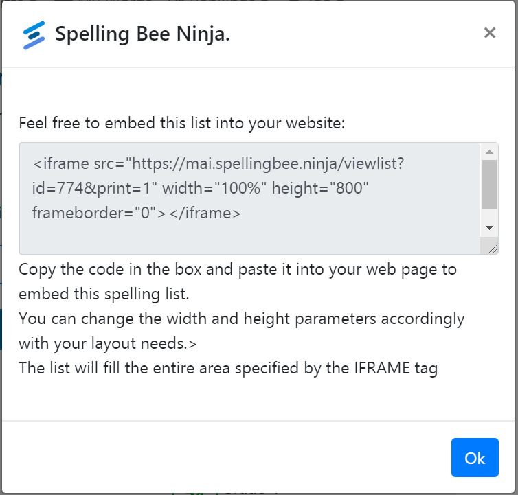 HTML code to Embed a Spelling List into your website