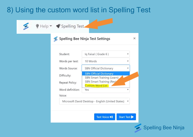using the words list for a spelling test