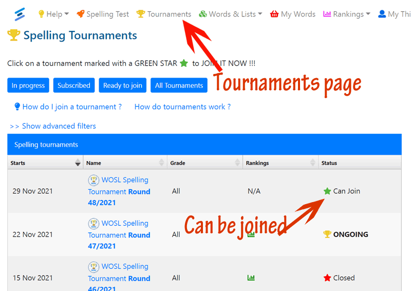 Tournaments Page