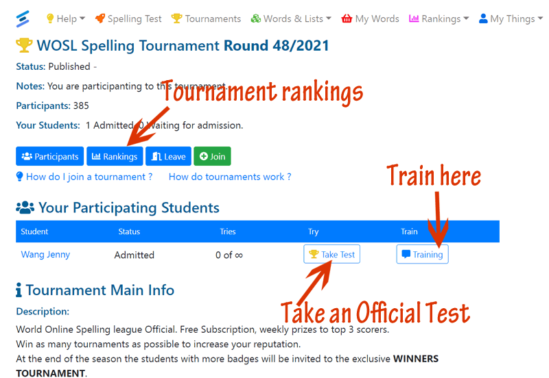 Active Tournament page
