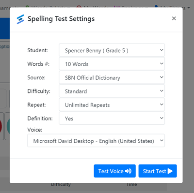 spelling test options